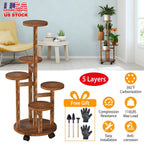 5 Tier Plant Stand with 4 Detachable Wheels Wooden Plant Pot Rolling Shelf Plant Display Rack for Indoor Outdoor Decoration
