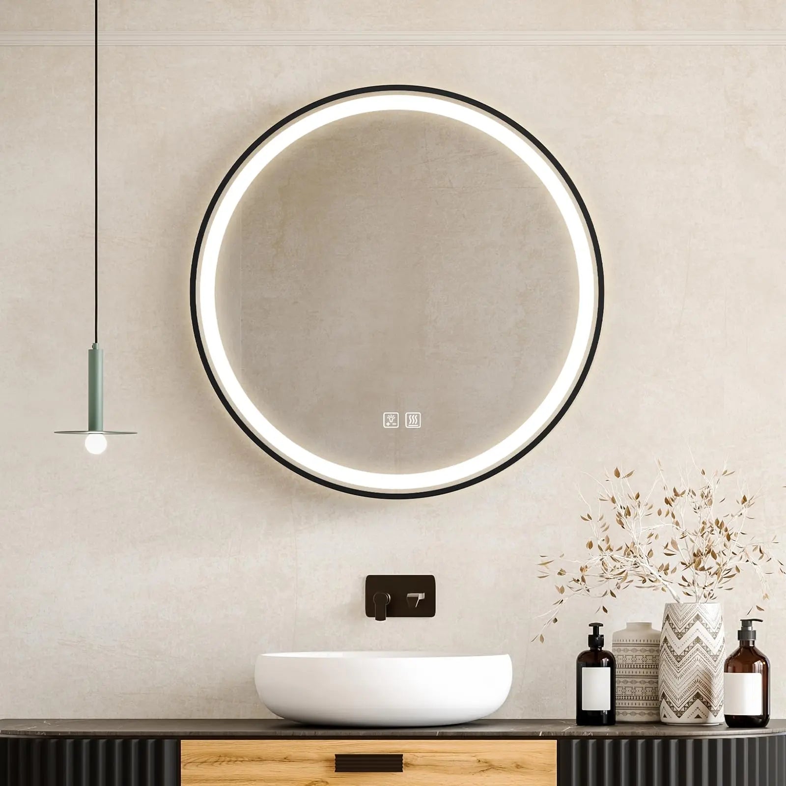 4 in 1 Blacklit Black Framed Round LED Bathroom Mirror Various Sizes