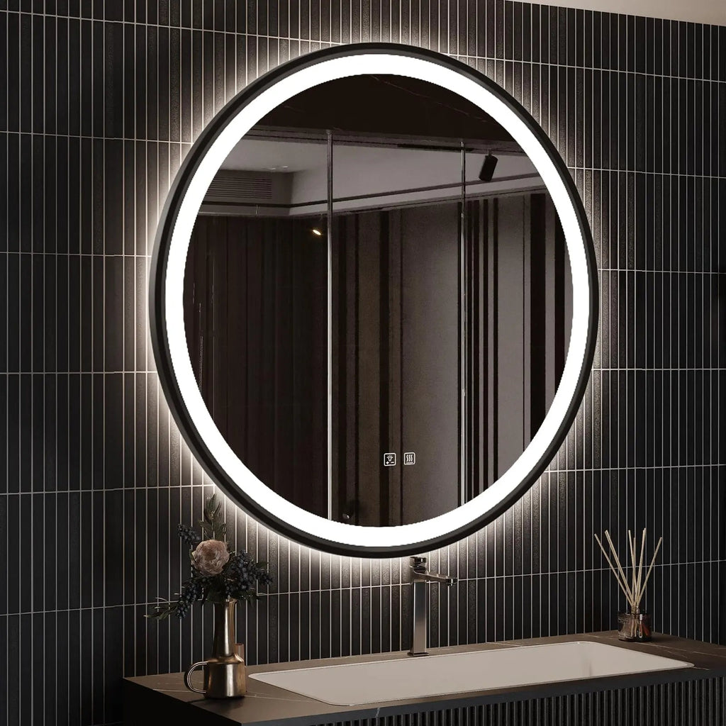 4 in 1 Blacklit Black Framed Round LED Bathroom Mirror Various Sizes