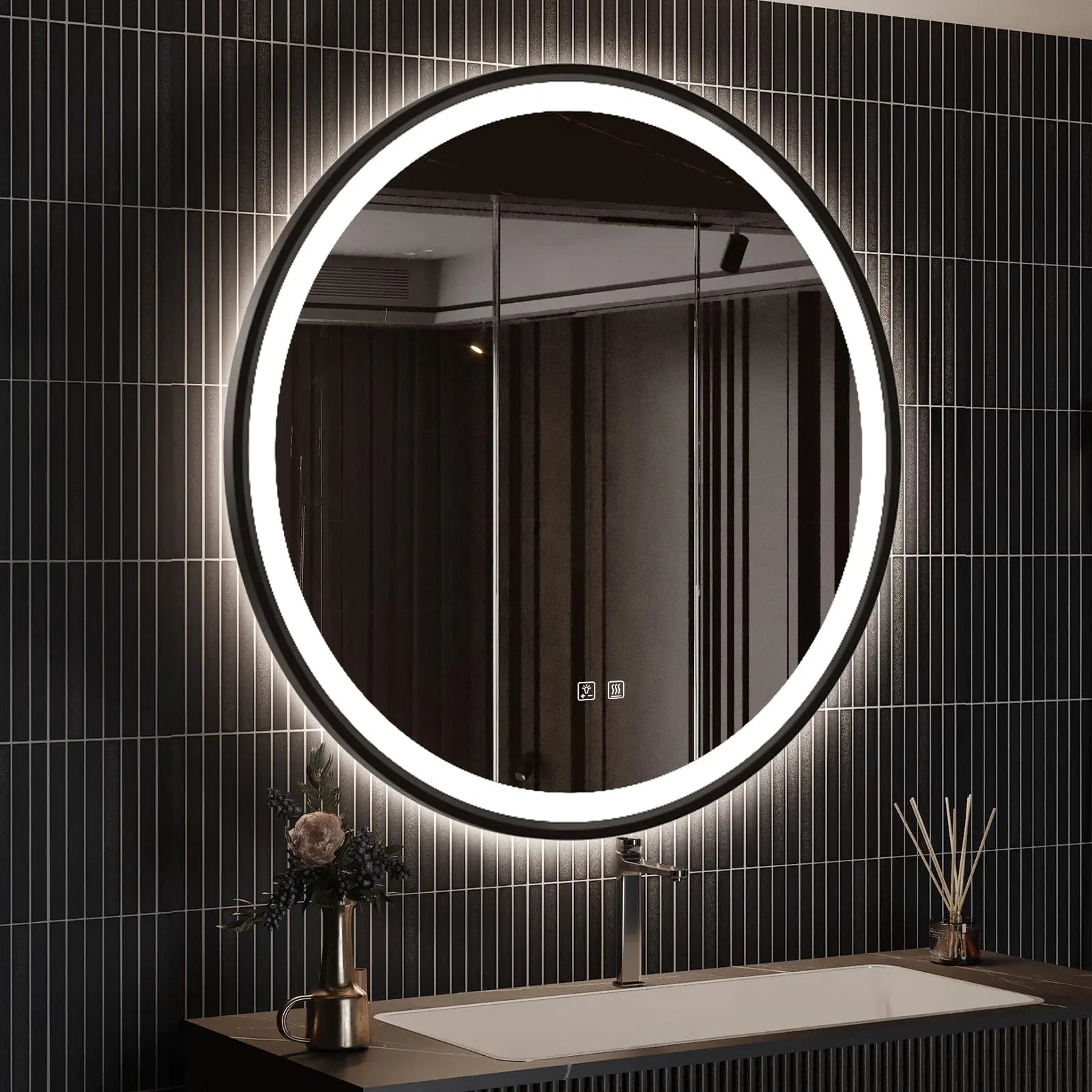 4 in 1 Blacklit Black Framed Round LED Bathroom Mirror Various Sizes