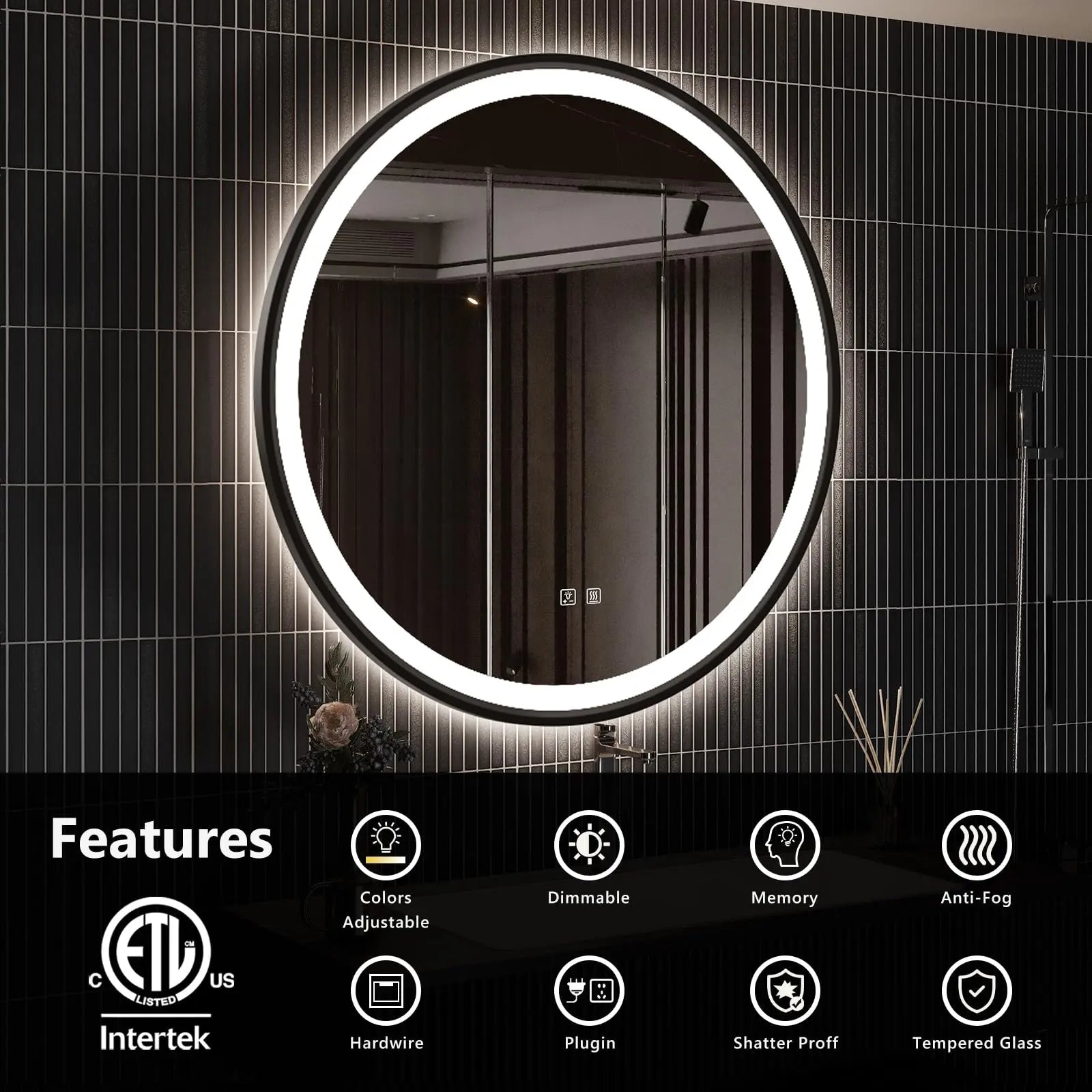 4 in 1 Blacklit Black Framed Round LED Bathroom Mirror Various Sizes