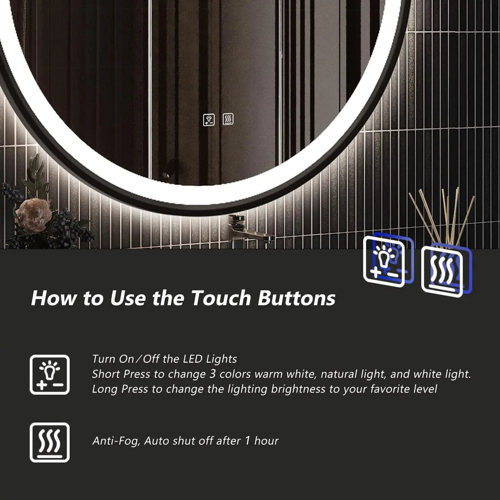 4 in 1 Blacklit Black Framed Round LED Bathroom Mirror Various Sizes