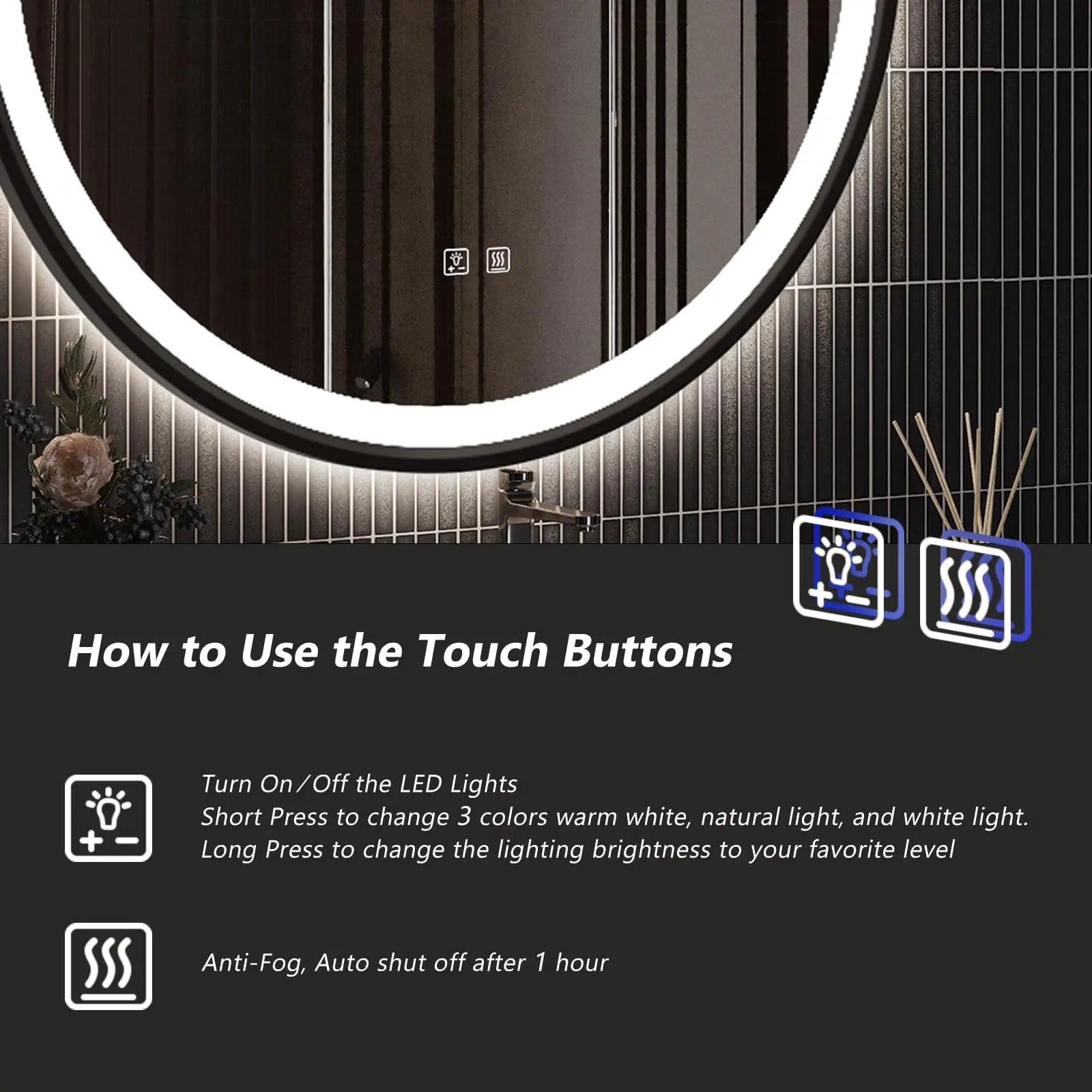 4 in 1 Blacklit Black Framed Round LED Bathroom Mirror Various Sizes