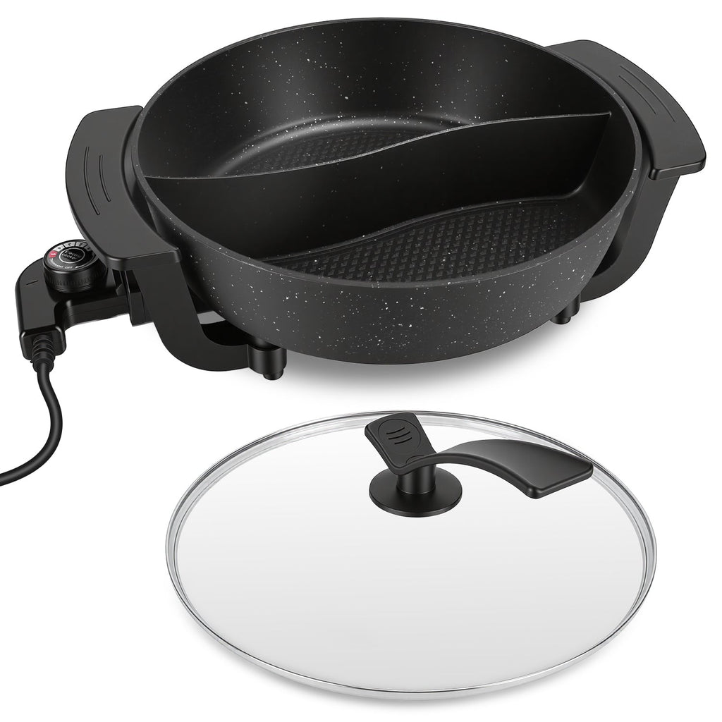 6L Electric Hot Pot with Divider 1100W Dual-Flavor Pot Shabu Shabu Pot Non-Stick with 5-Temp Control for Shabu Shabu Fondue Perfect for Family Gatheri
