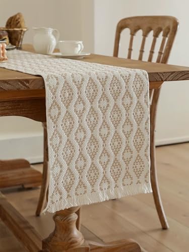Fennco Styles Modern Diamond Woven Table Runner 14" W x 72" L - Ivory Geometric Fringe Table Mats for Dining Room, Banquets, Family Gatherings, and Holidays