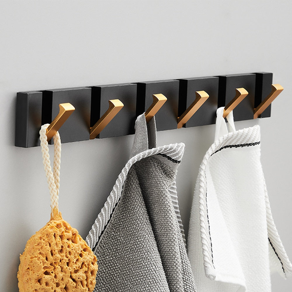 Black Gold, Folding Towel Hanger 2way Installation Wall Hooks Coat Clothes Towel Umbrella Leash Holder for Bathroom Kitchen Bedroom Hallway Pantry Laundry Entry Patio Pets