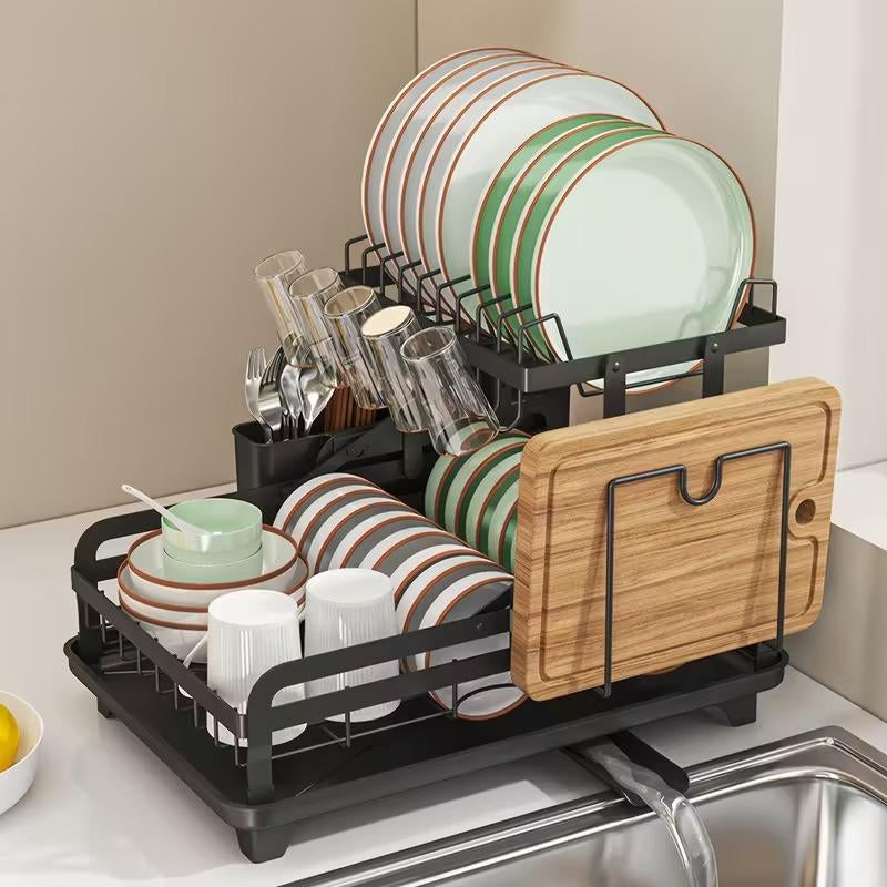 Deristic 2-Tier Stainless Steel Dish Drying Rack with Built-In Drainboard & Utensil Holders