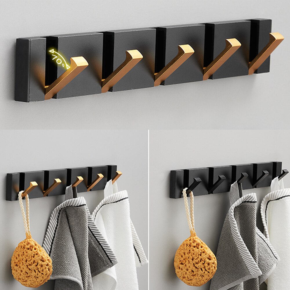 Black Gold, Folding Towel Hanger 2way Installation Wall Hooks Coat Clothes Towel Umbrella Leash Holder for Bathroom Kitchen Bedroom Hallway Pantry Laundry Entry Patio Pets