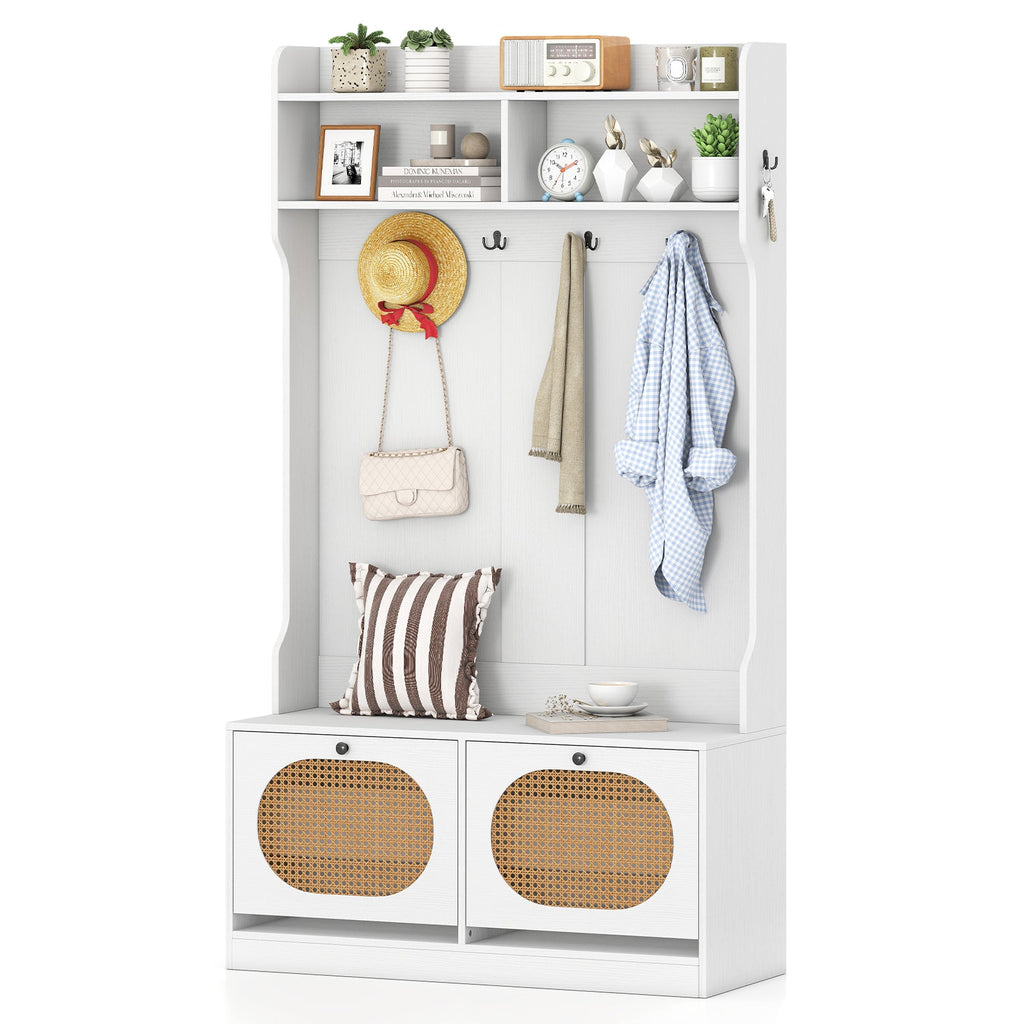 4-In-1 Hall Tree with Coat Rack and Flip Drawers for Entryway Mudroom
