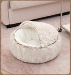 Warm Cat Bed round Plush Fluffy Hooded Cat Bed Cave, Cozy for Indoor Cats or Small Dog Beds, Soothing Pet Beds Doughnut Calm Anti-Nxiety Dog Bed - Waterproof Bottom Washable, 20Inches Soft 2-In-1 Covered Cat Bed Cushion