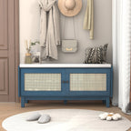 Boho Rattan Entryway Bench with Storage, Cushioned Shoe Bench with Double