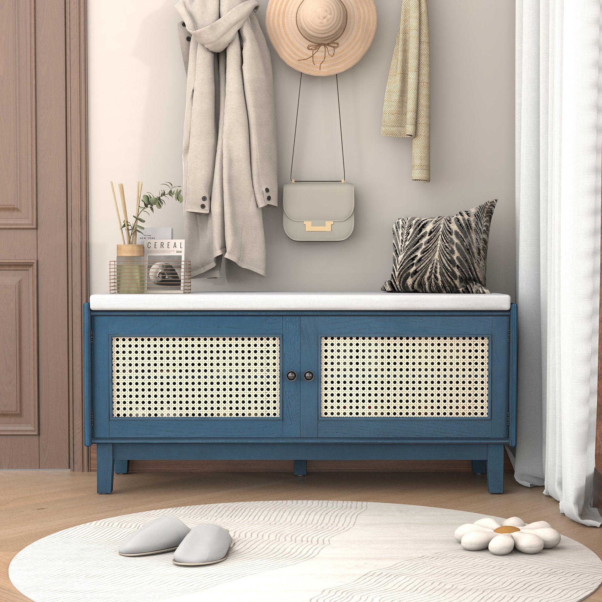 Boho Rattan Entryway Bench with Storage, Cushioned Shoe Bench with Double