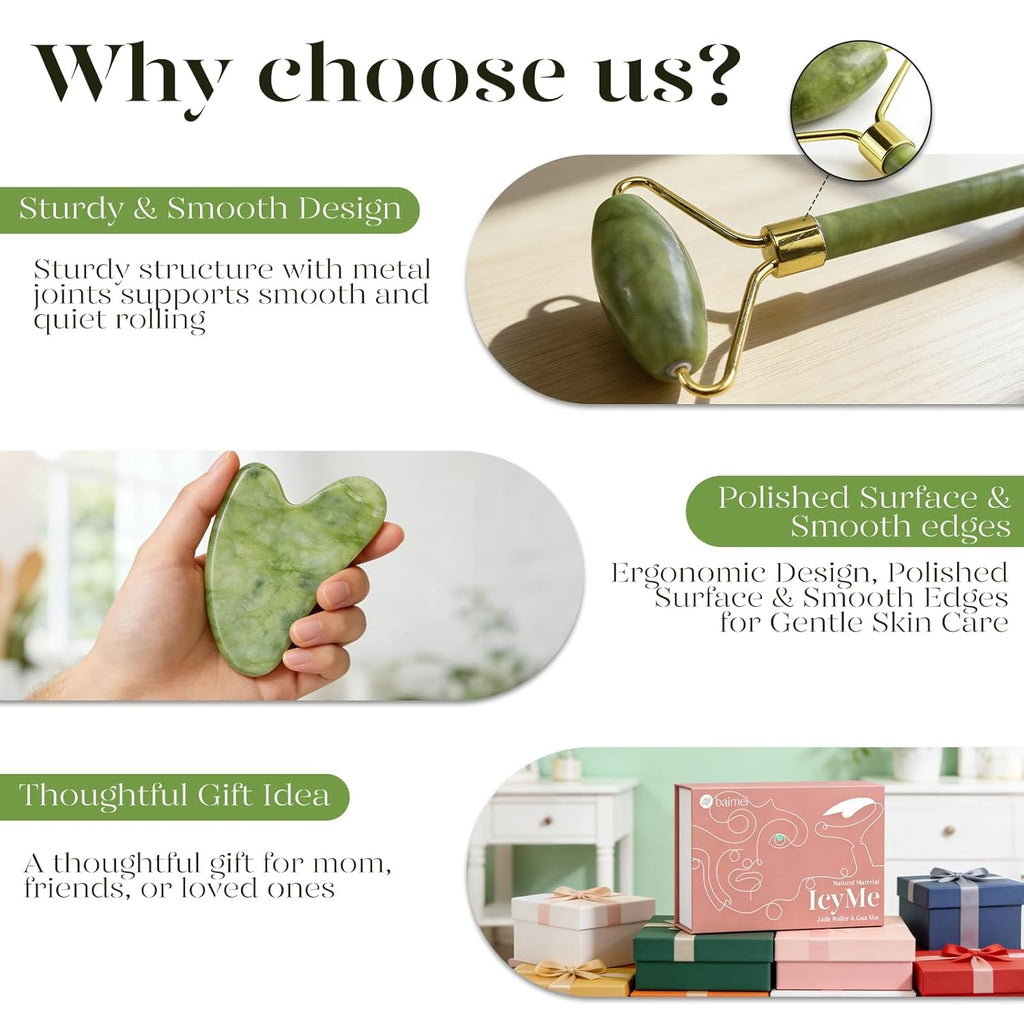 BAIMEI Icyme Gua Sha & Jade Roller Facial Tool Set for Puffiness and Redness Reducing