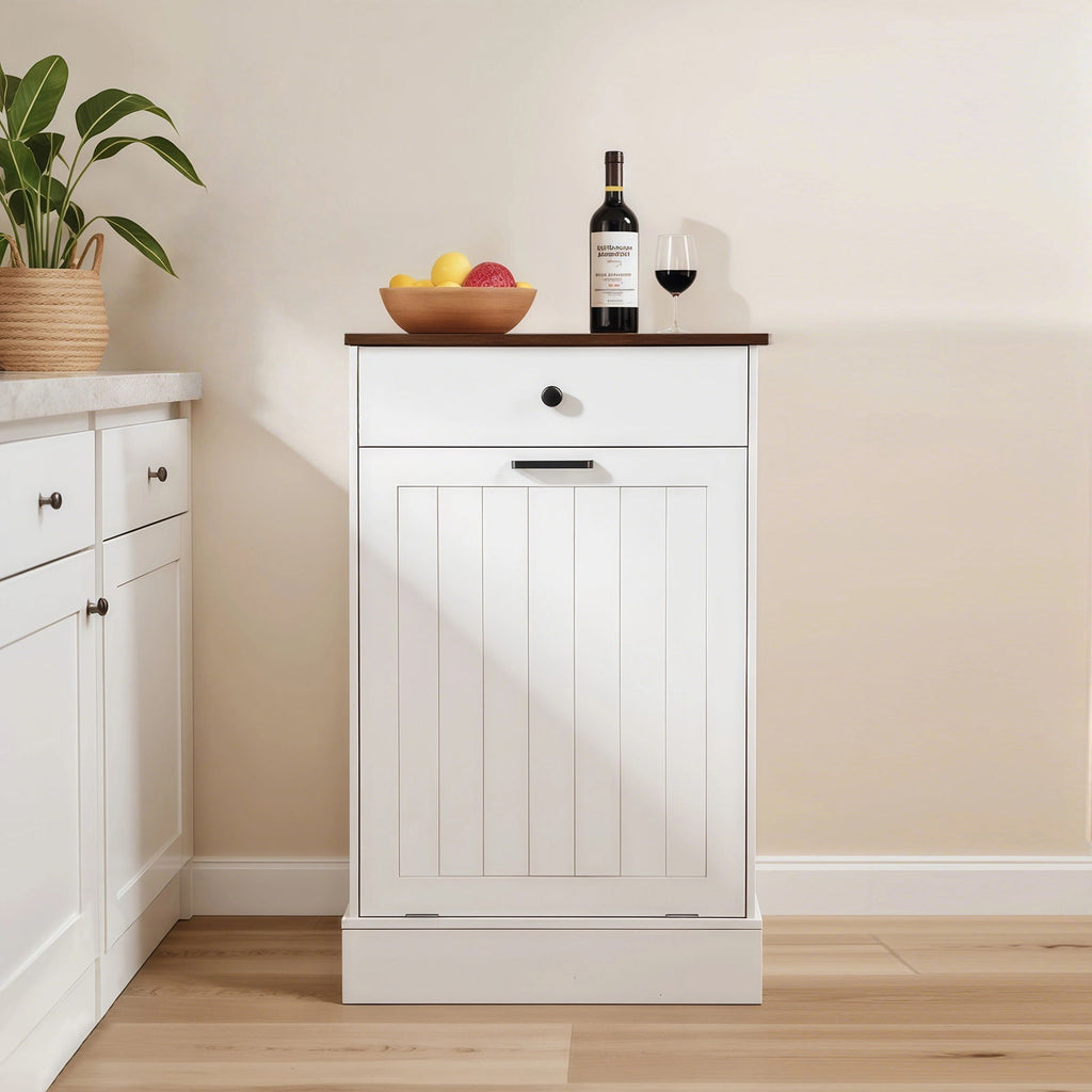 Tilt Out Hamper or Trash Cabinet With Drawer, 10 Gallon Hamper Cabinet - White