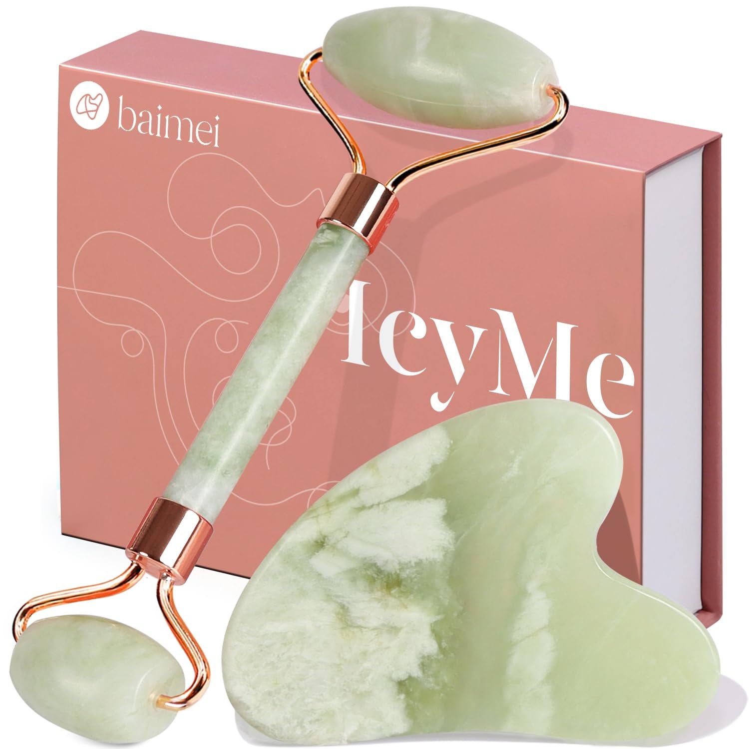 BAIMEI Icyme Gua Sha & Jade Roller Facial Tool Set for Puffiness and Redness Reducing