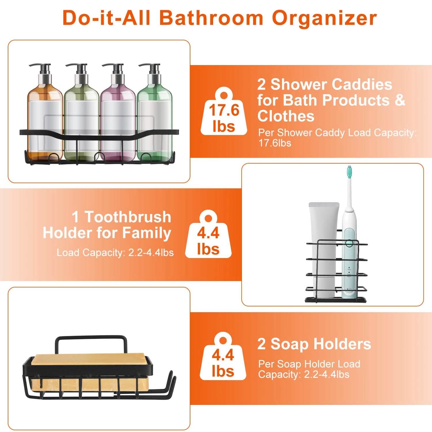 5-Pack: Shower Caddy, Pantry, Kitchen Shelves with 18 Inbuilt Hooks