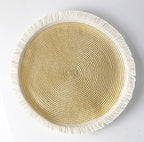 Fennco Styles Hand Braided Fringe Boho Placemats 15 Inch Round, Set of 4 - Beige & White Woven Textured Table Mats for Home, Dining Room, Banquets, Family Gathering and Special Occasion