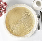 Fennco Styles Hand Braided Fringe Boho Placemats 15 Inch Round, Set of 4 - Beige & White Woven Textured Table Mats for Home, Dining Room, Banquets, Family Gathering and Special Occasion