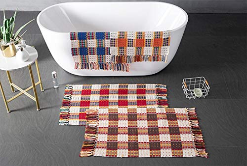 Fennco Styles Multicolor Woven Plaid Hand Knotted Tassel Boho Small Area Rug - Cotton Blend Carpet Indoor Outdoor Floor Mat for Living Room, Entryway, Bedroom and Floor Décor