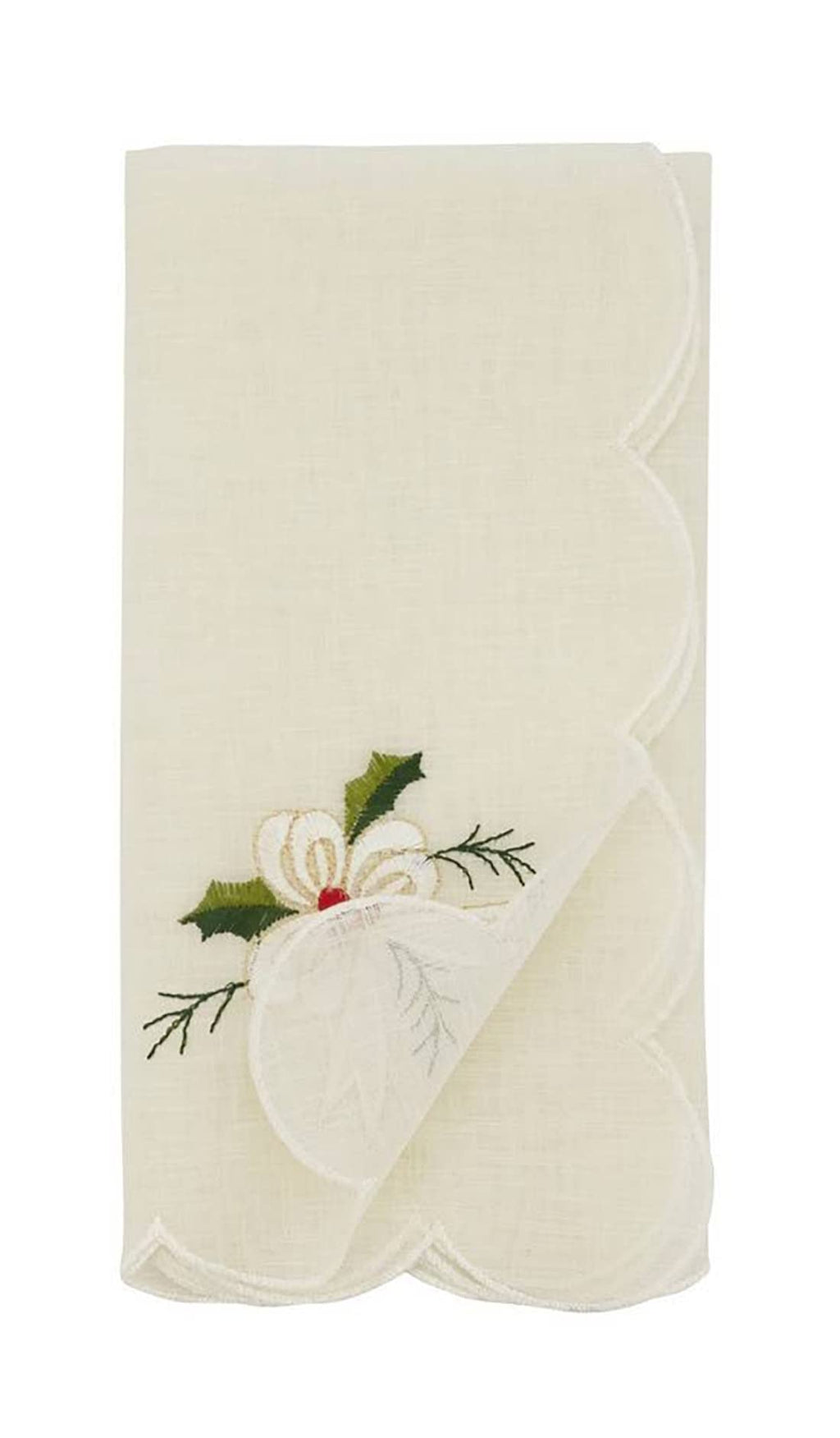 Fennco Styles Embroidered Holly & Ribbon Design Holiday Placemats 14" W x 20" L, Set of 4 - Natural Table Mats for Christmas, Winter Holidays, Home Décor, Banquet, Family Gathering, Special Occasion