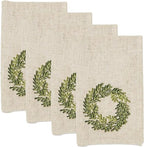 Fennco Styles Embroidered Wreath Christmas Cloth Napkins 20" W x 20" L, Set of 4 - Natural Linen Blend Dinner Napkin for Winter Holidays, Family Gatherings, Banquets, Special Events