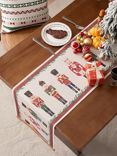 Fennco Styles Nutcracker Fringe Holiday Table Runner 14" W X 60" L - Multicolored Soldier Print Festive Table Cover for Christmas Décor, Banquet, Family Gathering and Special Events