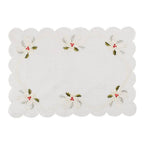 Fennco Styles Embroidered Holly & Ribbon Design Holiday Placemats 14" W x 20" L, Set of 4 - Natural Table Mats for Christmas, Winter Holidays, Home Décor, Banquet, Family Gathering, Special Occasion
