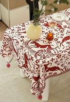 Fennco Styles Red Deer and Floral Pom Pom Christmas Tablecloth - Cotton Blend Festive Table Cover for Winter Holidays, Banquets, Family Gatherings and Special Occasions