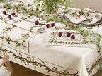 Fennco Styles Embroidered Holly Design Christmas Linen Blend Tablecloth - Natural Table Cover for Home Décor, Banquets, Holiday Gathering and Special Events