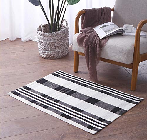 Fennco Styles Black Ivory Classic Plaid Small Area Rug 24" W x 51" L - Cotton Blend Woven Indoor Outdoor Floor Mat for Living Room, Entryway, Bedroom and Floor Décor