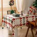Fennco Styles Red and Green Holiday Plaid Pom Pom Christmas Tablecloth - Cotton Blend Festive Table Cover for Winter Holidays, Banquets, Family Gatherings and Special Occasions