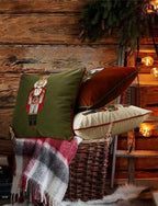 Fennco Styles Embroidered Sequin Nutcracker Velvet Filled Throw Pillow 18" W x 18" L - Green Festive Cushion for Home, Christmas, Winter Holidays Décor, and Special Occasions