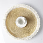 Fennco Styles Hand Braided Fringe Boho Placemats 15 Inch Round, Set of 4 - Beige & White Woven Textured Table Mats for Home, Dining Room, Banquets, Family Gathering and Special Occasion