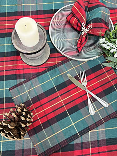 Fennco Styles Red & Green Holiday Tartan Plaid Table Runner 16"W X 54"L - Multicolored Table Cover with Gold Lurex for Christmas, Winter Holidays, Home Décor, Banquets, Family Gatherings and Special Occasion
