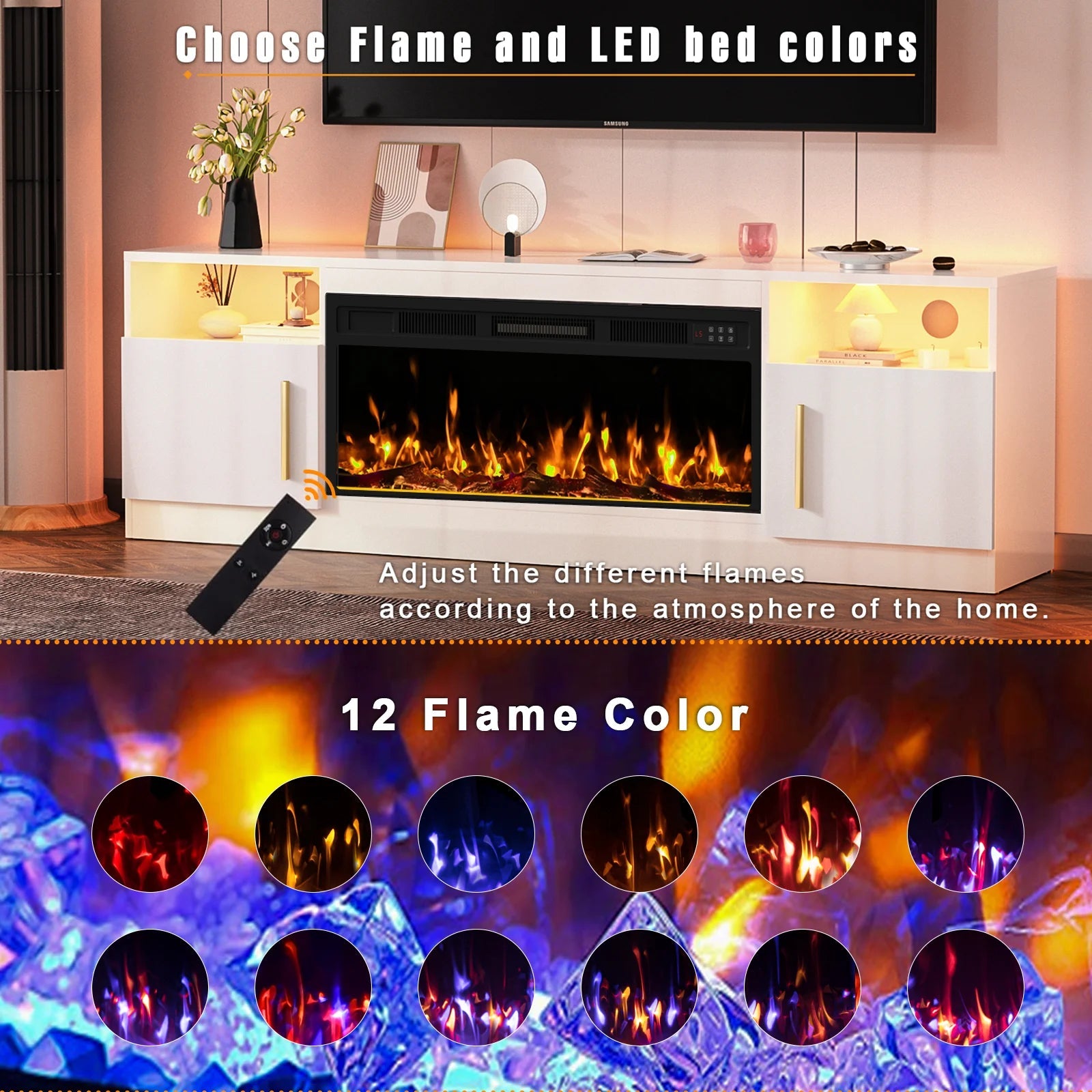 70Inch Cable Management Television Stand with Electric Fireplace, Wood White