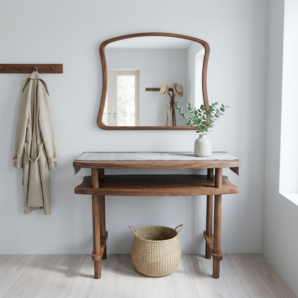 Console Table with Mirror Set, Solid Beech Wood Entryway Furniture, Scandinavian Minimalist Vanity
