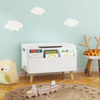 Toy Box With Front Bookshelf, Flip Top Lid, Safety Hinge For Kids Room Organization - White