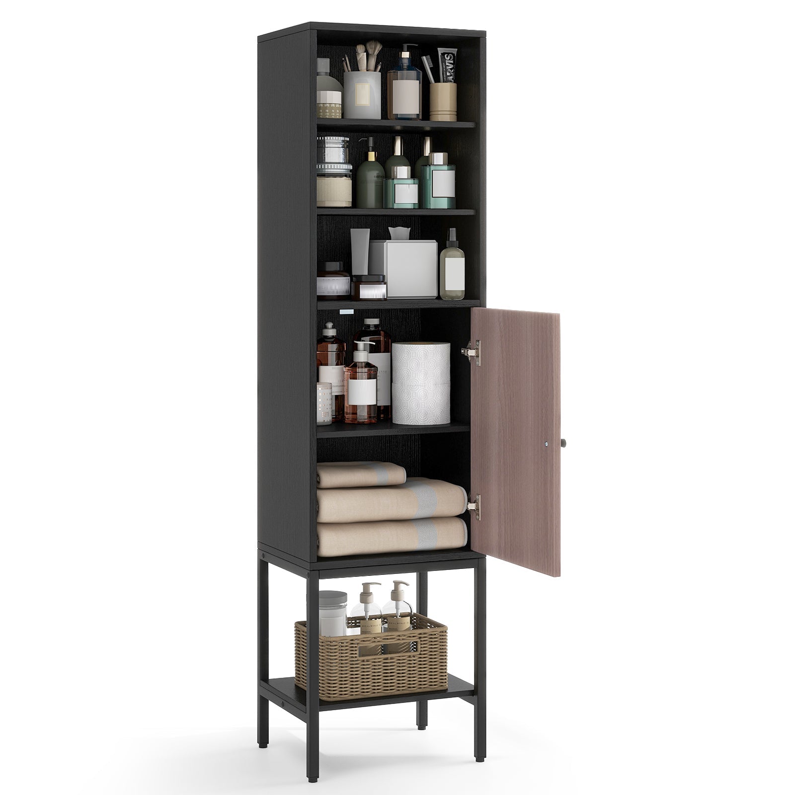 Tall Freestanding 57 Inches Bathroom Cabinet with 1 Door and 4 Shelves Narrow Storage Unit Entry Bathroom Bedroom Pantry Kitchen