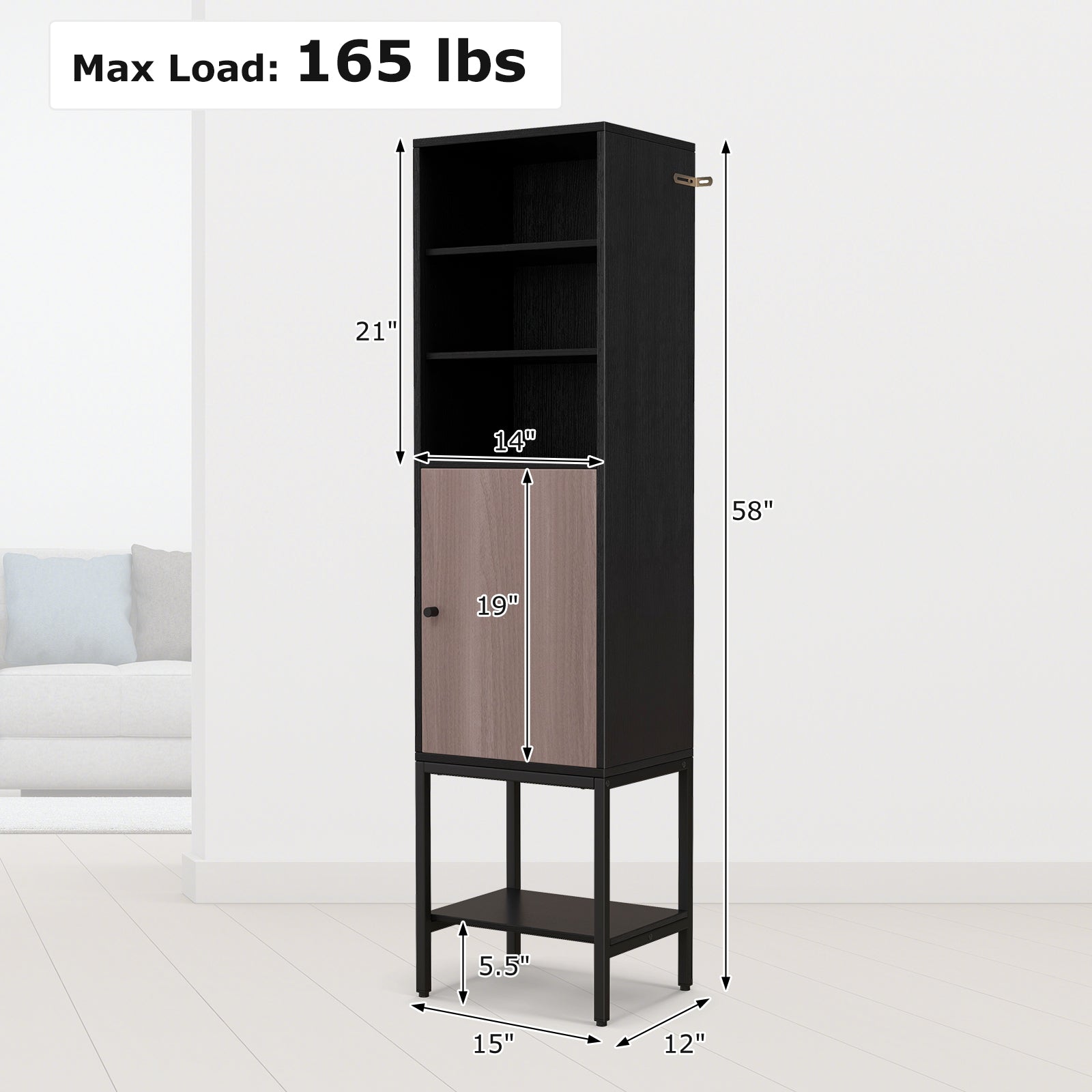 Tall Freestanding 57 Inches Bathroom Cabinet with 1 Door and 4 Shelves Narrow Storage Unit Entry Bathroom Bedroom Pantry Kitchen