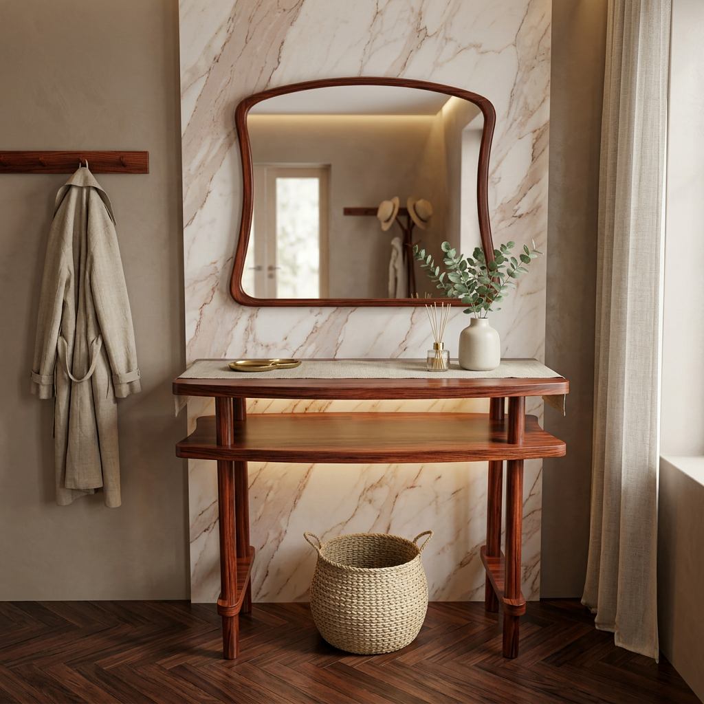 Console Table with Mirror Set, Solid Beech Wood Entryway Furniture, Scandinavian Minimalist Vanity