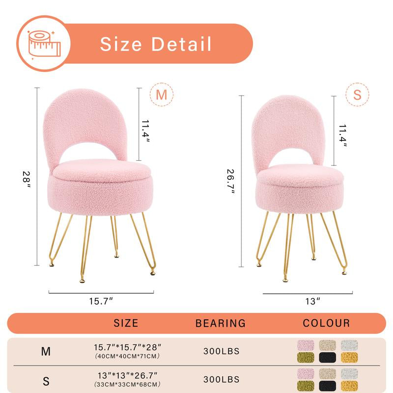 Teddy Velvet, Storage Vanity Stool Chair with Folding Back, Make-Up, Office, Bedroom