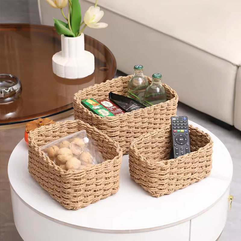 3-Piece Handmade Straw-Woven Paper-Rope Storage Baskets (Bath, Home, & Office Use)