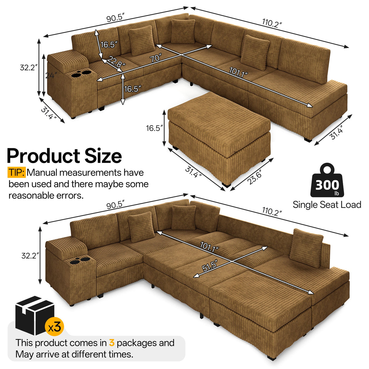 L-Shaped Sectional Sofa Set with Removable Ottoman