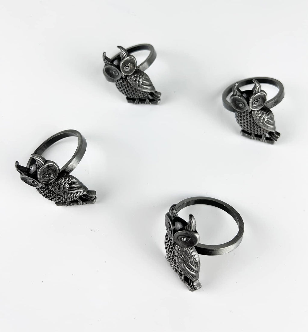 Fennco Styles Perched Owl Metal Napkin Rings, Set of 4 - Animal Napkin Holders for Home Décor, Dining Table, Banquets, Family Gathering and Special Occasions