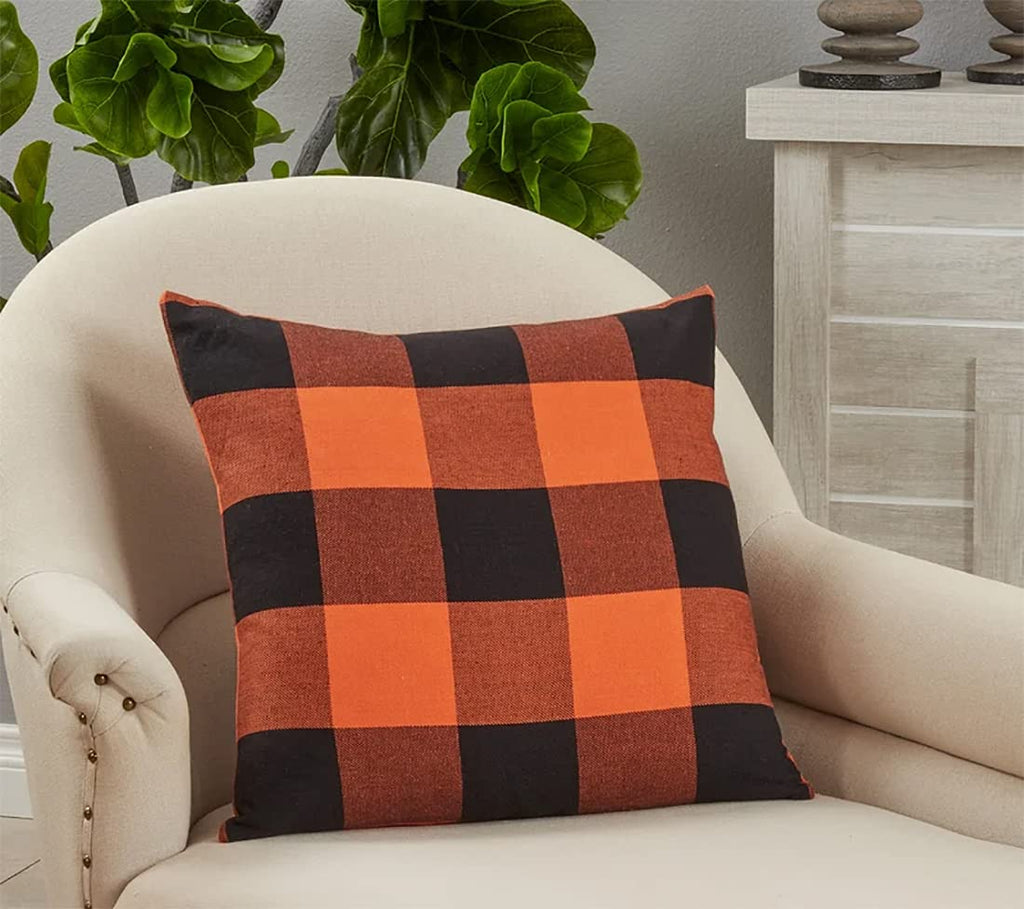 Fennco Styles Rustic Buffalo Plaid Design Cotton Decorative Throw Pillow 13 x 20 Inch - Orange Black Holiday Accent Pillow for Home, Couch, Living Room, Bedroom and Office Décor