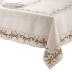 Fennco Styles Embroidered Holly Design Christmas Linen Blend Tablecloth - Natural Table Cover for Home Décor, Banquets, Holiday Gathering and Special Events