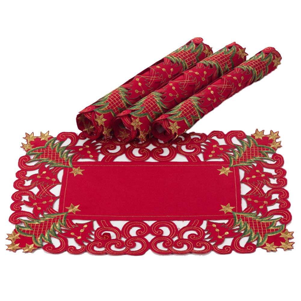 Fennco Styles Pandoro Collection Holiday Embroidered Christmas Tree Cutwork Border Table Linens – Ivory and Red Table Linens for Christmas Dinner, Family Gathering, Special Events and Home Décor