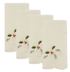 Fennco Styles Embroidered Holly & Ribbon Design Holiday Placemats 14" W x 20" L, Set of 4 - Natural Table Mats for Christmas, Winter Holidays, Home Décor, Banquet, Family Gathering, Special Occasion