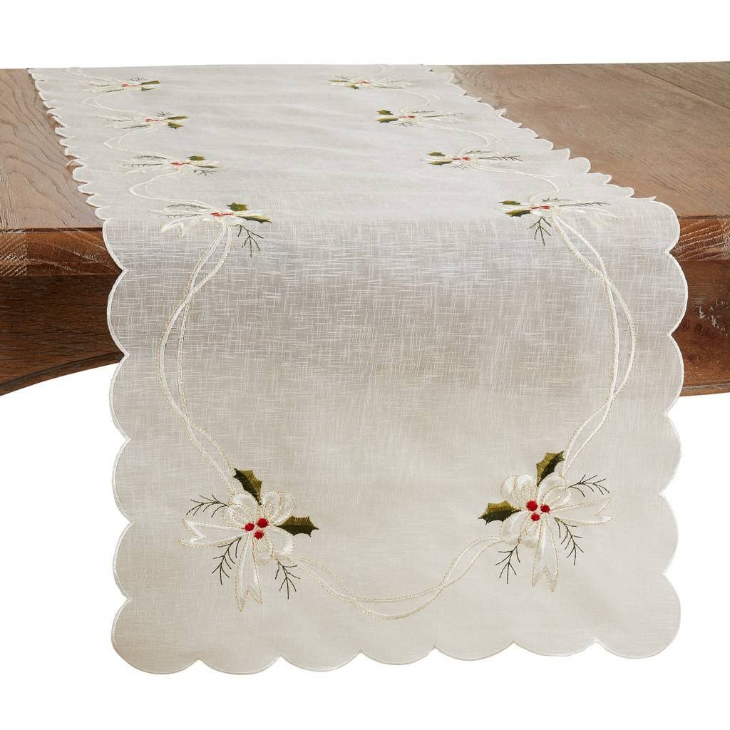 Fennco Styles Embroidered Holly & Ribbon Design Holiday Placemats 14" W x 20" L, Set of 4 - Natural Table Mats for Christmas, Winter Holidays, Home Décor, Banquet, Family Gathering, Special Occasion