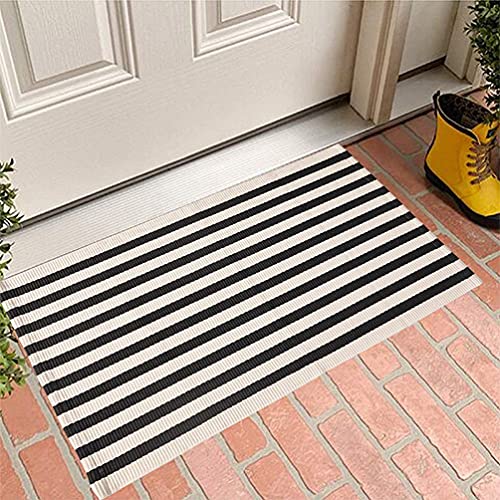 Fennco Styles Woven Classic Striped Area Rug 24" W x 51" L - Navy Blue Cotton Blend Carpet Indoor Outdoor Floor Mat for Living Room, Entryway, Bedroom and Floor Décor